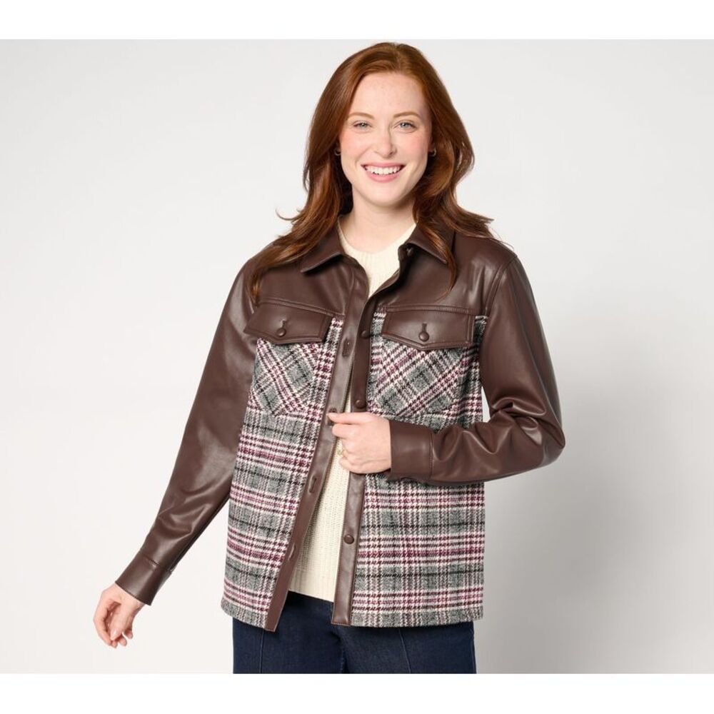 Belle by Kim Gravel Women's Jacket Sz 2XS (XXS) Faux Leather Boucle Brown
